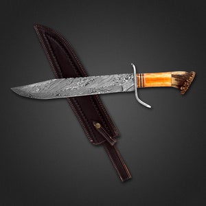 Couteau Bowie Damas fait main Couteaux de camping avec gaine Couteaux tactiques forgés à la main Cadeau pour lui Cadeau pour papa Cadeaux d&#39;anniversaire pour mari