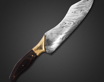 May include: A curved, silver-colored knife with a wooden handle and brass accents. The blade has a unique, swirling pattern.