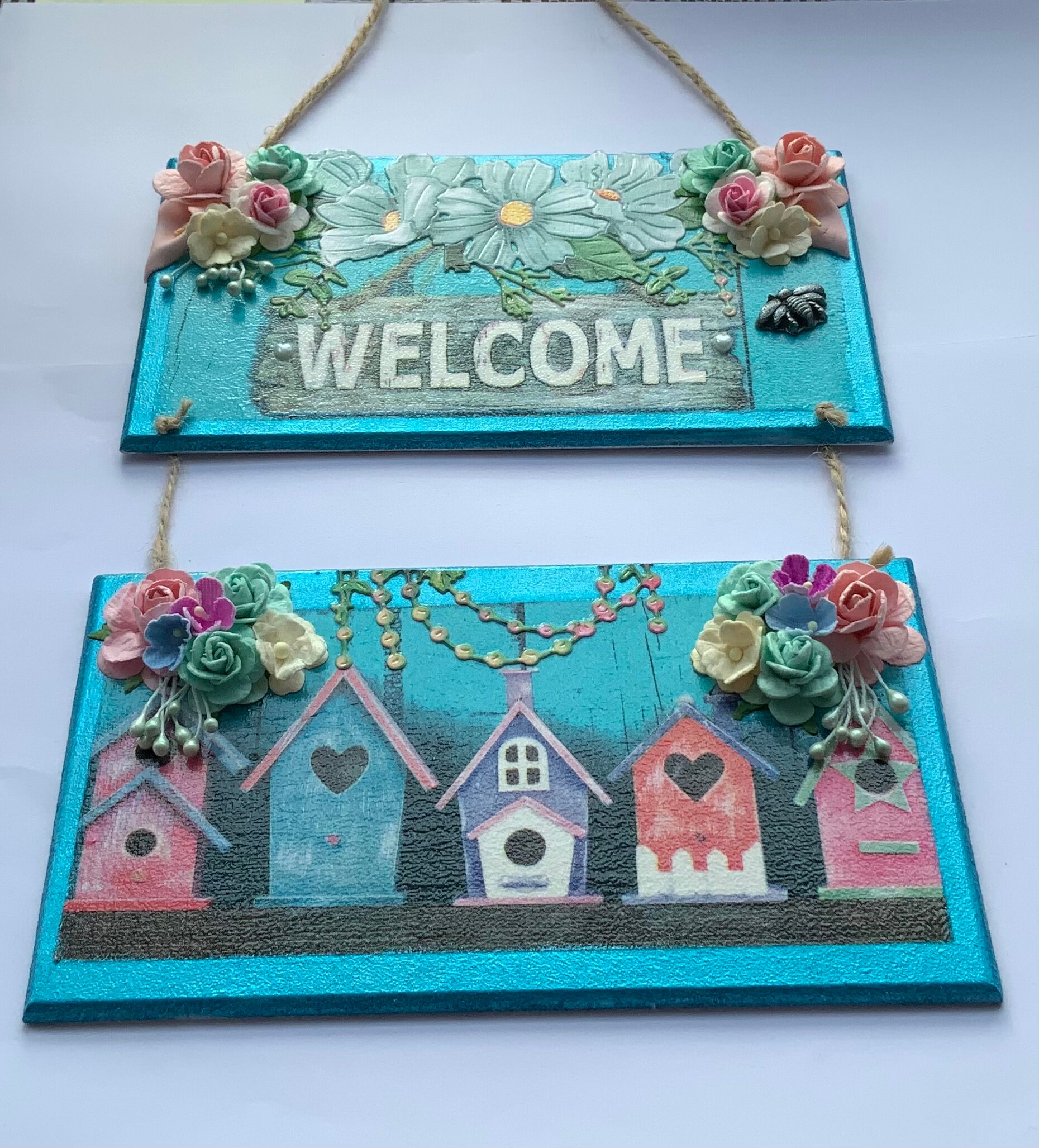 Decoupage Sign Teal Blue Floral With Bird Boxes Etsy UK