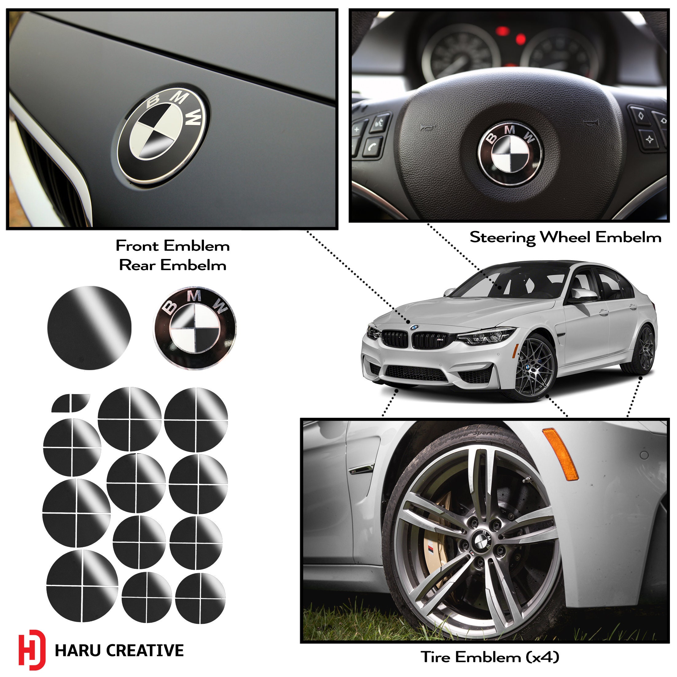 For BMW Badge Gloss Carbon Fiber Black & Dark Grey All Model Decal Sticker  Fibre