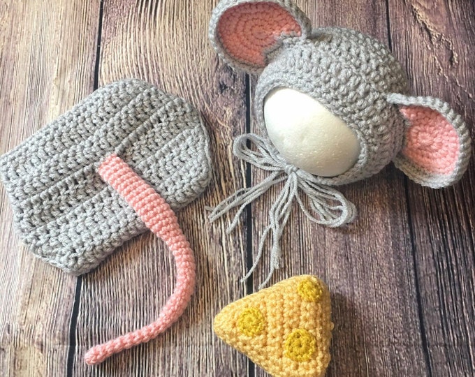 Crochet Mouse Costume, Baby Hat, Mouse Hat, Baby Animal Hat, Newborn Photo Prop, Animal Bonnet Crochet Baby Outfit, Halloween Costume