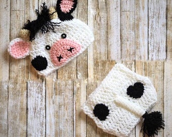 Baby Cow Outfit, Crochet Cow Set, Baby Cow Hat, Farm Animal Hat, Crochet Baby Outfit, Newborn Photo Prop, Newborn Halloween Costume, Cow Hat