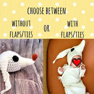 May include: Image shows a crocheted Zero costume for babies. The text reads "CHOOSE BETWEEN WITHOUT FLAPS/TIES OR WITH FLAPS/TIES." The costume is white with a black eye and a red nose. The other option is a baby wearing the costume.