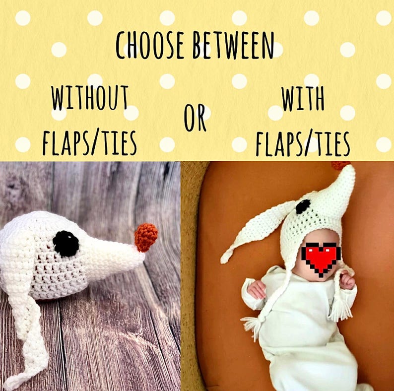 May include: Image shows a crocheted Zero costume for babies. The text reads "CHOOSE BETWEEN WITHOUT FLAPS/TIES OR WITH FLAPS/TIES." The costume is white with a black eye and a red nose. The other option is a baby wearing the costume.