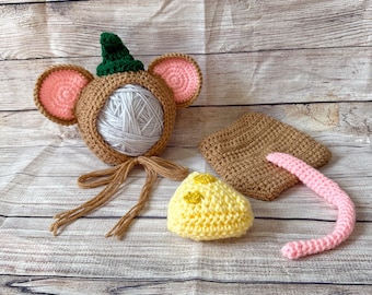 Crochet Mouse Costume, Baby Hat, Mouse Hat, Baby Animal Hat, Newborn Photo Prop, Animal Bonnet Crochet Baby Outfit, Gus Gus Costume