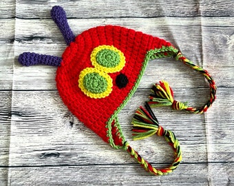 Crochet Caterpillar Hat, Baby Hat, Caterpillar Hat, Very Hungry Caterpillar, Newborn Photo Prop, Crochet Baby Bonnet, Baby Animal Bonnet