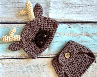 Baby Moose Outfit, Crochet Moose Set, Baby Woodland Hat, Moose Hat, Crochet Baby Outfit, Newborn Photo Prop, Newborn Halloween Costume