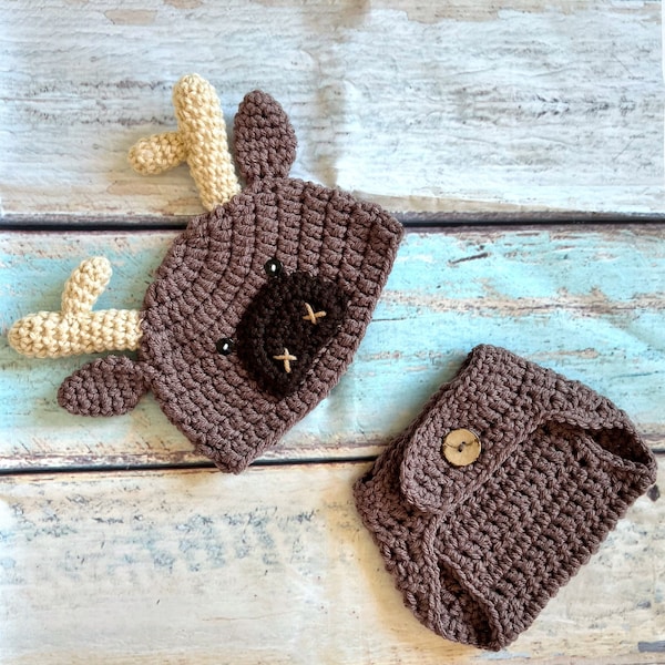 Baby Moose Outfit, Crochet Moose Set, Baby Woodland Hat, Moose Hat, Crochet Baby Outfit, Newborn Photo Prop, Newborn Halloween Costume