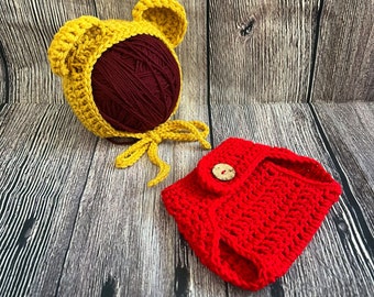 Winnie Bear Hat, Bear Hat, Baby Bear Hat, Newborn Photo Prop, Baby Knit Outfit, Halloween Costume, Winnie the Pooh Costume, Baby Pooh Bear