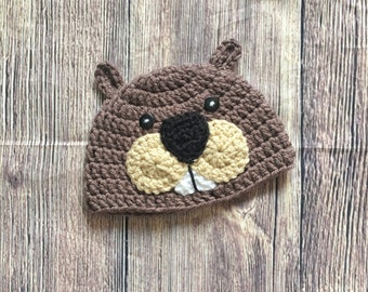 May include: A brown crocheted hat shaped like a beaver's head. The hat features a black nose, tan cheeks, white teeth, and small, upright ears. The eyes are small and black. The hat is designed for a child.