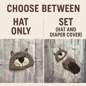 May include: A brown crocheted baby hat with a beaver face, featuring a black nose, beige muzzle, and white teeth. The image also shows a matching diaper cover set. Text reads "CHOOSE BETWEEN HAT ONLY" and "SET (HAT AND DIAPER COVER)".