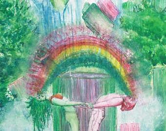 Small Print Postcard Waterfall Art Crystal Art Partner Yoga "Clear Skies Clear Waters Mandala" Watercolor Print Visionary Art Rainbow Love