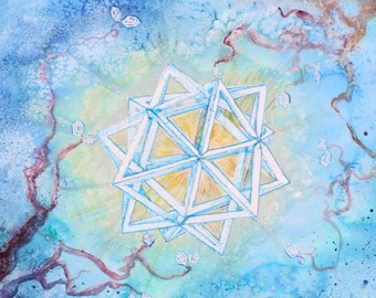 Sacred Geometry Original Painting Artwork "Organic Circuit" Art Watercolor Painting Geometric Art Watercolor Print Crystal Art Herkimer Blue