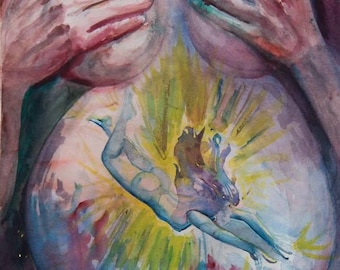 Postcard Small Print "Diving Deep" Painting Goddess Art Pregnancy Art Birth Art Watercolor Print My Body is My Temple" Painting Divine Fem