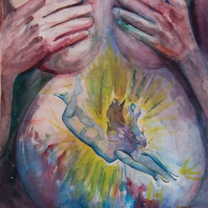Carte postale En petits caractères « Plongée profonde » Peinture Déesse Art Grossesse Art Naissance Art Aquarelle Imprimer Mon corps est mon temple » Peinture Divine Fem