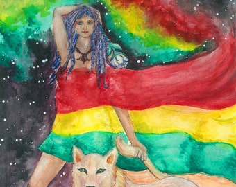 Lion Woman Small Print Postcard "The Goddess and the Lioness" Reggae Art Watercolor Print Watercolor Painting Rasta Art Visionary Art Gift