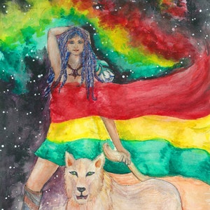 Mulher Leão Cartão Postal com Impressão Pequena "A Deusa e a Leoa" Arte Reggae Impressão em Aquarela Pintura em Aquarela Arte Rasta Arte Visionária Presente