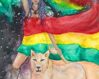 Original Art "The Goddess and the Lioness" Watercolor Painting Rasta Art Visionary Art Contemporary Art Work Unique Gifts Prints Mom Dad