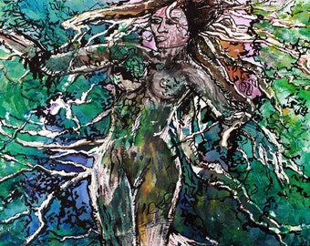 Goddess Art Artwork "The Rooted Woman" Prints Contemporary Art Dreadlock Art Tree Art Woman Print Abstract Paintings Watercolor Painting