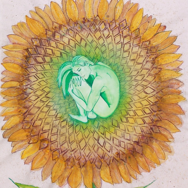Sunflower Art Sacred Geometry "Yin Flower Mandala" Original Painting Watercolor Painting Watercolor Art Visionary Art Contemporary Art Gifts