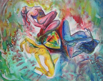 Art Watercolor Painting "Opale Sisterhood" Original Art Visionary Art Original Painting Contemporary Art Opal Art Surrealism Painting Nude