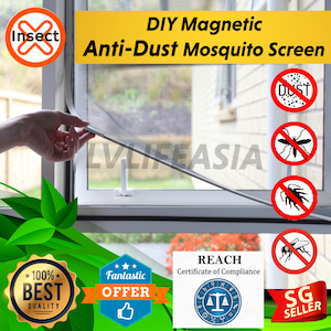 May include: A white window with a grey magnetic mesh screen attached. The screen is being pulled open by a hand. The image also includes a red and white logo with the text "Insect" and a red "X" inside. There are also several red circles with a white "no" symbol and images of dust, mosquitoes, and flies. The text "DIY Magnetic Anti-Dust Mosquito Screen" is at the top of the image. There is a white and yellow sticker with the text "100% Best Quality" and a white and yellow sticker with the text "Fantastic Offer". There is also a white certificate with the text "REACH Certificate of Compliance" and a white and yellow sticker with the text "SG Seller".