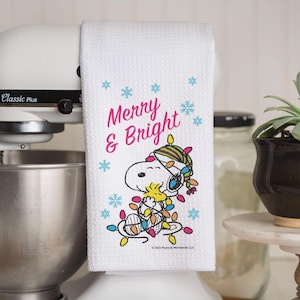 Snoopy Christmas Decorative Kitchen Tea Towel, Merry and Bright Kitchen Hand Towel, Christmas Towel Kitchen Decor, Peanuts Christmas - PR