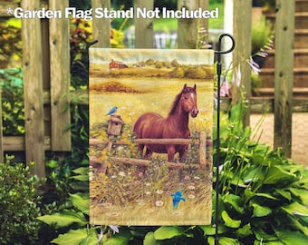 May include: A brown horse stands in a field with a wooden fence and a red barn in the background. Two bluebirds are perched on a birdhouse. The scene is painted in a realistic style with a soft, muted color palette.