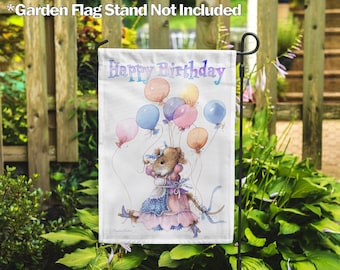 Marjolein Bastin, Happy Birthday Balloons Vera the Mouse–Garden Flag 12.5"x18", House Flag 28"x40", Outdoor Flag, Exclusive Fabric, Birthday