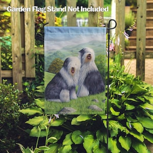 Spring Dog, Old English Sheepdogs in the Field–Garden Flag 12.5"x18", House Flag 28"x40",Exclusive Fabric,Printed on Both Sides