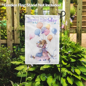 Marjolein Bastin, Happy Birthday Balloons Vera the Mouse–Garden Flag 12.5"x18", House Flag 28"x40", Outdoor Flag, Exclusive Fabric, Birthday