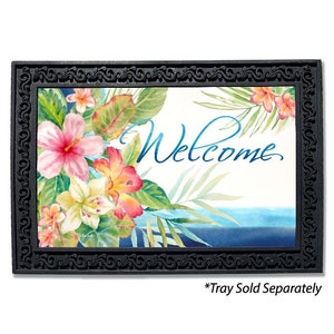 May include: A welcome mat with a tropical floral design featuring pink, yellow, and red hibiscus flowers. The mat has a black frame with a decorative border and the word "Welcome" in blue cursive lettering.