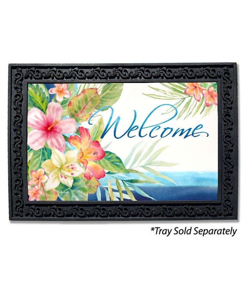 May include: A welcome mat with a tropical floral design featuring pink, yellow, and red hibiscus flowers. The mat has a black frame with a decorative border and the word "Welcome" in blue cursive lettering.