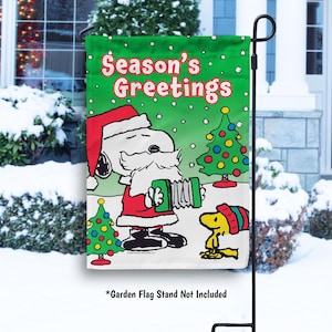 Peanuts Santa Snoopy Christmas Garden Flag, Season's Greetings Holiday House Flag, Peanuts Outdoor Christmas Decor, Snoopy and Woodstock -PR