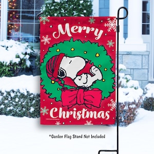PEANUTS® Snoopy Merry Christmas Wreath Garden Flag, Snoopy Christmas House Flag, Peanuts Outdoor Christmas Decor, Unique Snoopy Gift - PR image 1