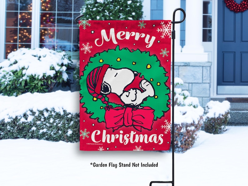 PEANUTS® Snoopy Merry Christmas Wreath Garden Flag, Snoopy Christmas House Flag, Peanuts Outdoor Christmas Decor, Unique Snoopy Gift - PR image 1
