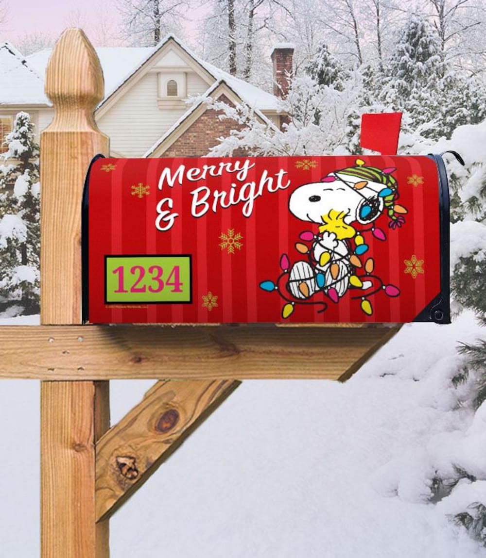 Snoopy Christmas Mailbox Cover, Merry And Bright Peanuts Decorative Christmas Magnetic Mailbox Topper, Snoopy Woodstock Christmas Decor Bespoketshirt Collections