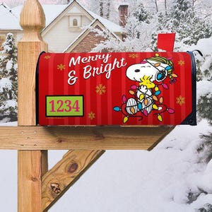 Snoopy Christmas Mailbox Cover, Merry and Bright Peanuts Decorative Christmas Magnetic Mailbox Topper, Snoopy Woodstock Christmas Decor