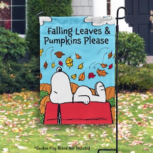 Snoopy Falling Leaves Garden Flag Peanuts Fall House Flag Outdoor Pumpkins Fall Decor Peanuts Lover Snoopy Gift Thanksgiving Seasonal Flag