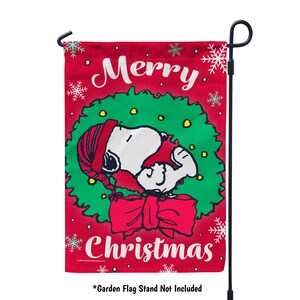 PEANUTS® Snoopy Merry Christmas Wreath Garden Flag, Snoopy Christmas House Flag, Peanuts Outdoor Christmas Decor, Unique Snoopy Gift - PR 12" x 18" Garden inches