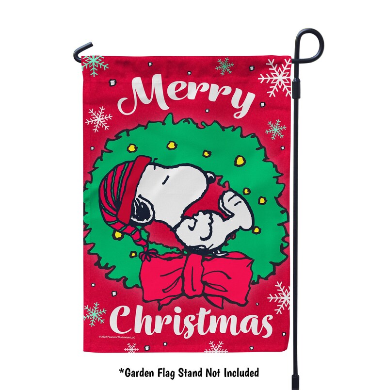 PEANUTS® Snoopy Merry Christmas Wreath Garden Flag, Snoopy Christmas House Flag, Peanuts Outdoor Christmas Decor, Unique Snoopy Gift - PR 12" x 18" Garden inches