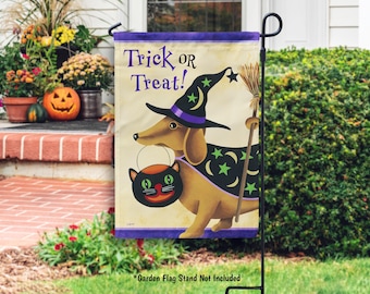 Halloween Garden Flag, Dachshund Halloween House Flag, Cute Halloween Outdoor Decor, Dachshund Gift, Halloweenie Trick or Treat