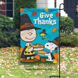 PEANUTS® Charlie Brown and Snoopy Thanksgiving Garden Flag, Peanuts Fall House Flag, Give Thanks Welcome Yard Flag, Outdoor Fall Decor - PR