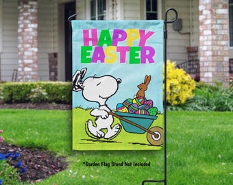 Peanuts Snoopy Happy Easter Flag, Easter Decorations Outdoor Flag, Easter Peanuts Decor, Cute Easter Yard Flag, Snoopy Easter Gift
