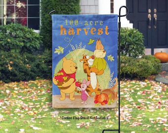 Winnie the Pooh Fall Flag, Disney Fall Garden Flag, Pooh Thanksgiving House Flag, Custom Fall Decor, 100-Acre Harvest Pooh, Tigger, Piglet