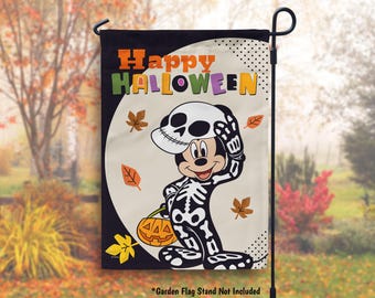 Disney Halloween Flag, Mickey Mouse Halloween Decor, Cute Halloween Decor Disney Garden Flag or House Flag, Skeleton Mickey Happy Halloween