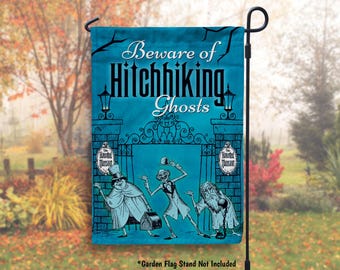 Haunted Mansion, Hitchhiking Ghosts, Halloween Decor, Disney Halloween, Beware of Hitchhiking Ghosts Garden Flag and House Flag