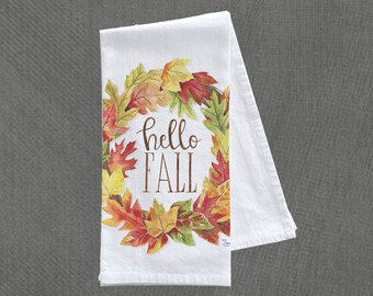 Tea Towel, Hello Fall Wreath - Tea Towel 18″ x 28″, Kitchen Towel, 100% Cotton, Machine Washable, Thanksgiving, Fall