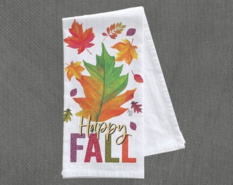 Tea Towel, Happy Fall Autumn Leaves - Tea Towel 18″ x 28″, Kitchen Towel, 100% Cotton, Machine Washable, Thanksgiving, Fall