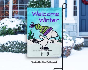 Peanuts Snoopy Winter Garden Flag, Welcome Winter Skating Snoopy Yard Flag, Peanuts Winter Flag Outdoor Garden Decor, Snoopy Gift - PR